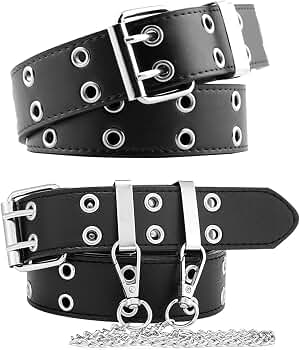 BSJIA 2 PCS Black Gothic Belt Double Grommet Buckle Leather Belt